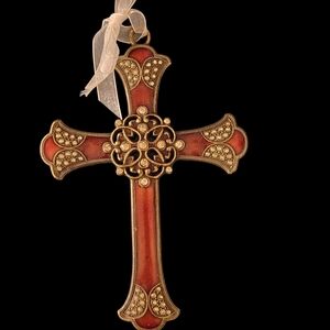 Elegant Gold and Red Metal Cross Ornament